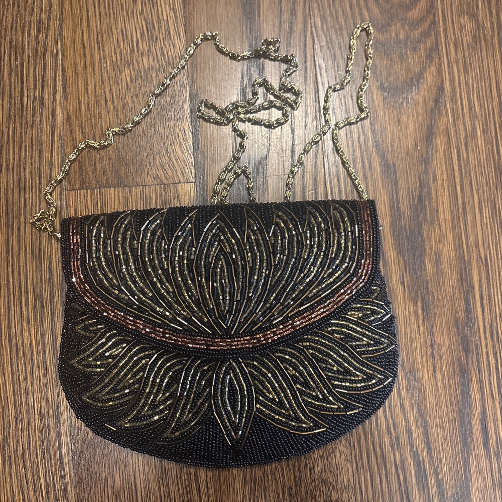 La Regale black gold copper beaded evening bag formal clutch crossbody dressy